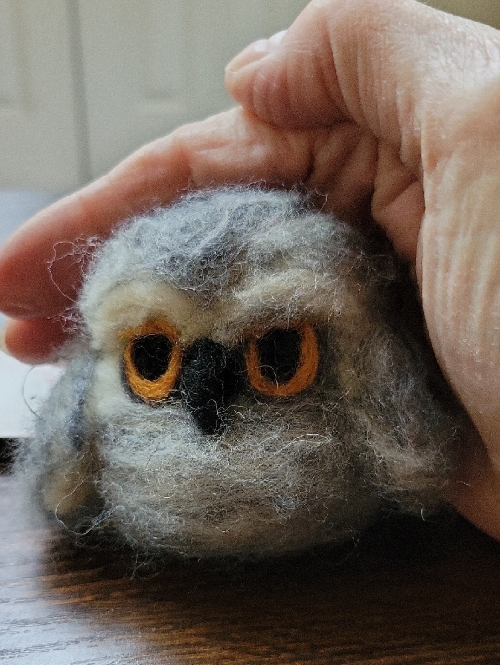 Handmade Felted Owl Plush - Gray with Orange Eyes - Picture 3 of 4